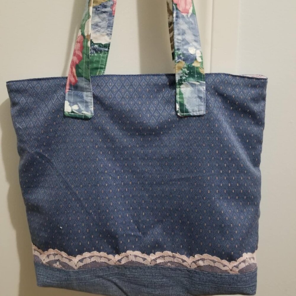 Handbag, Shoulder Tote Bag Fabric Fashion Purse Country Denim Blue Lace Pink